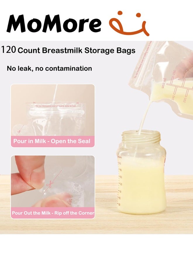 120 Piece Baby Self-standing Bottom Design Breast Milk Storage Bags With Double Zipper With 1 Marking Pen, 250 ML