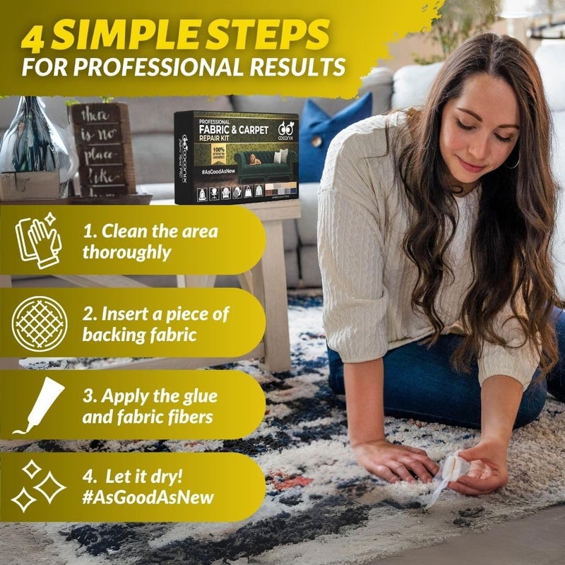Coconix مجموعة إصلاح الأقمشة والسجاد من كوكسيكس | إصلاح التمزقات، الثقوب، والحروق على الأقمشة والسجاد، السجاد، والملابس | تطبيق سهل مع ألوان قابلة للتخصيص - Image 4
