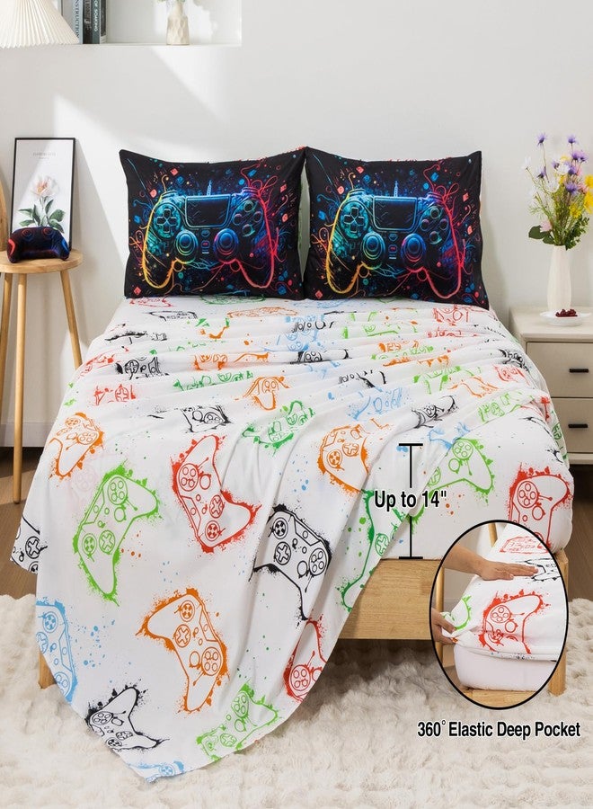 A Nice Night طقم لحاف كامل الحجم 5 قطع من لعبة ليلة جميلة للأولاد، للأطفال والمراهقين مع خلفية ملونة ثلاثية الأبعاد لفضاء الكون مع طباعة وحدة تحكم الألعاب، مجموعات ملاءات متطابقة - Image 3