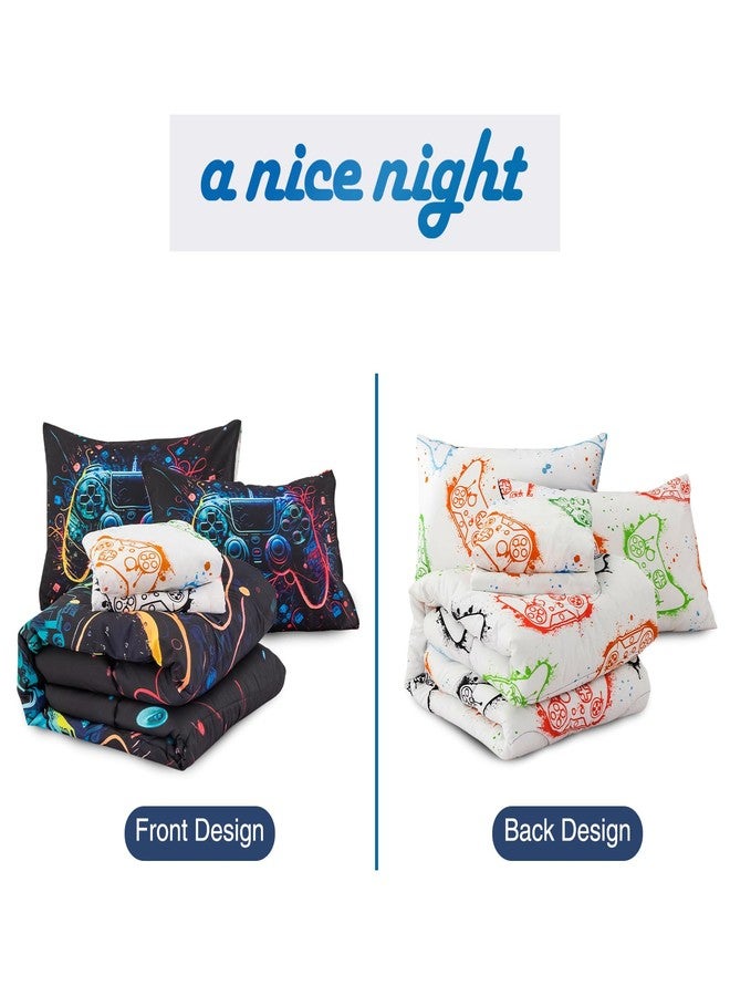 A Nice Night طقم لحاف كامل الحجم 5 قطع من لعبة ليلة جميلة للأولاد، للأطفال والمراهقين مع خلفية ملونة ثلاثية الأبعاد لفضاء الكون مع طباعة وحدة تحكم الألعاب، مجموعات ملاءات متطابقة - Image 4