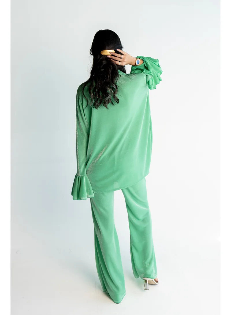 Reem Abayas Green Lycra Glitter Set