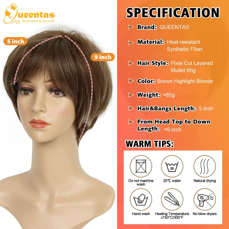 QUEENTAS Short Wigs for White Women Bob Brown Pixie Cut Wig Realistic Synthetic Brunette Wig with Bangs for Daily(Brown Mixed Blonde) - Image 2