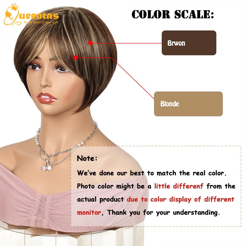 QUEENTAS Short Wigs for White Women Bob Brown Pixie Cut Wig Realistic Synthetic Brunette Wig with Bangs for Daily(Brown Mixed Blonde) - Image 3