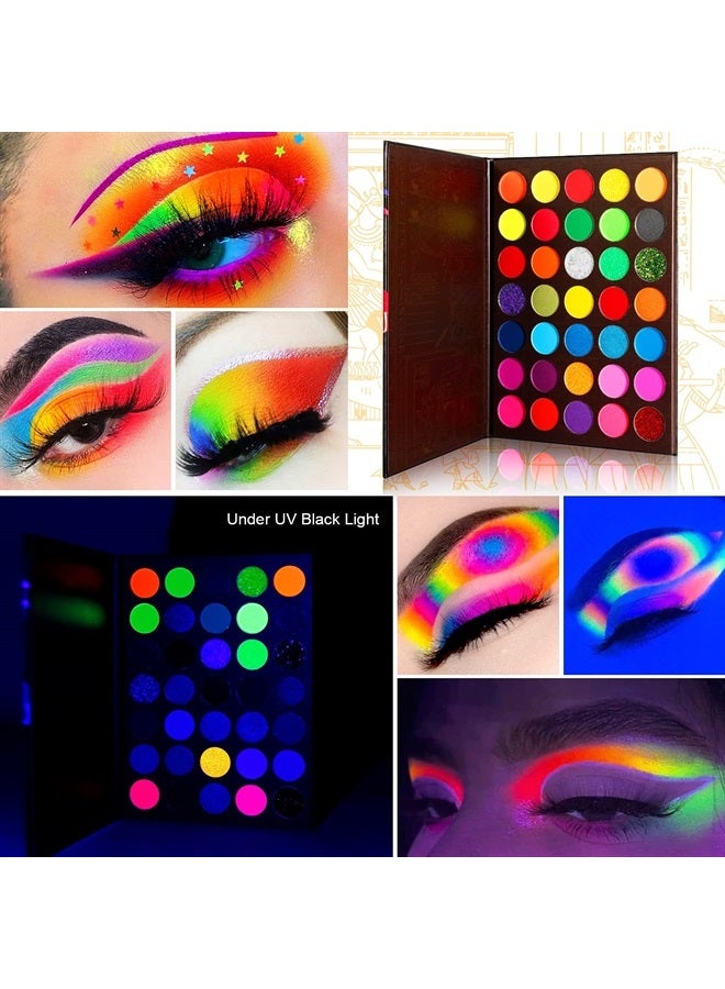Afflano Neon Eyeshadow Palette Colorful High Pigmented 35 Color,Blendable Bright Rainbow Eyeshadow Matte Shimmer Glitter,Aurora Glow in Dark UV Blacklight Makeup Eye Shadow Pallet for Luminous Party - Image 1