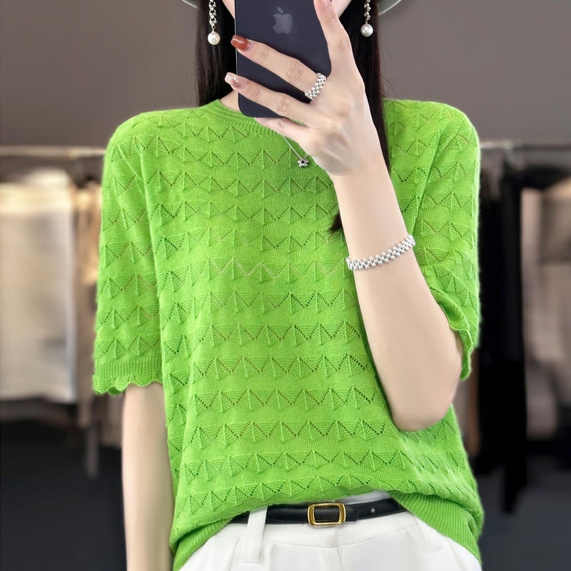 Z-Line Ready-To-Wear Fine Wool Short-Sleeve T-Shirt For Women, New Summer Style, Round Neck, Hollow-Out, Thin Top, Stylish Base Shirt - Image 1