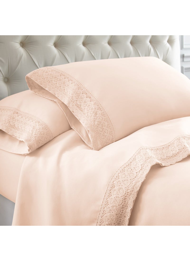Modern Threads Amrapur Overseas 1MFLACEGBLSQN 4Piece Crochet Lace Bed Sheet Set Queen Blush 