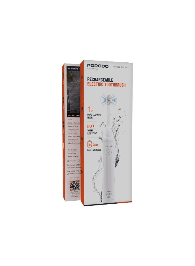porodo Rechargeable Electric Toothbrush with Dual Cleaning Modes & Water Resistance IPX7 / 180 Days on a Full Charge / Slim Design - White - Image 4
