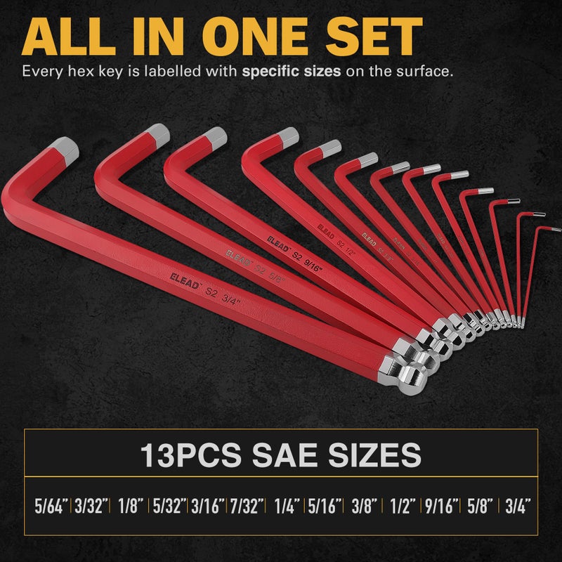 ELEAD Jumbo Hex Key Allen Wrench Set | 13-Piece SAE 5/64"-3/4" | Long Ball End Durable S2 | 4" - 13.5" Long | Automotive | Mechanic | Furniture | Professional Grade Tools - Image 2