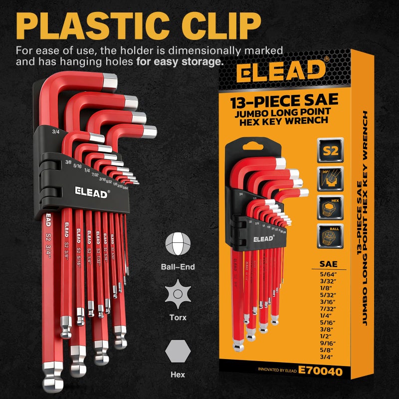 ELEAD Jumbo Hex Key Allen Wrench Set | 13-Piece SAE 5/64"-3/4" | Long Ball End Durable S2 | 4" - 13.5" Long | Automotive | Mechanic | Furniture | Professional Grade Tools - Image 5