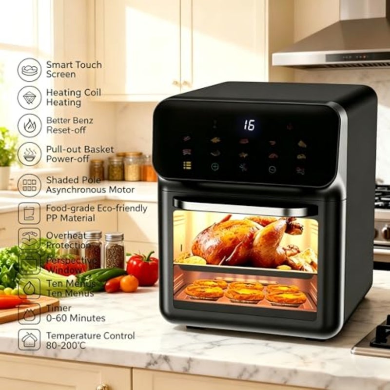 15L Air Fryer Oven, 1350W Convection Oven with Smart Touchscreen, 10 Preset Menus, 80-200°C Temperature Control, 60-Min Timer, 2-Layer Rack for Healthy Oil-Free Cooking - Image 2