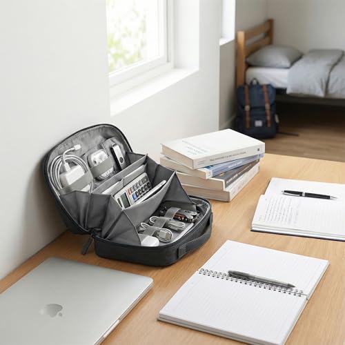 oddpod™ Pu Leather Electronic Gadgets Organizer Bag for Travel/Portable Waterproof Tech Organizer Pouch with Multiple Compartments, 180° Opening Design - Large (Black) - Image 2