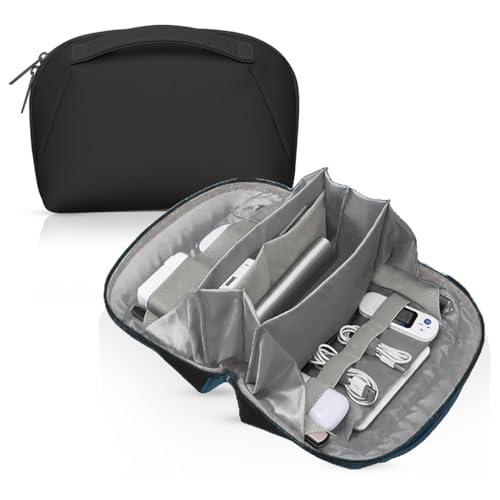oddpod™ Pu Leather Electronic Gadgets Organizer Bag for Travel/Portable Waterproof Tech Organizer Pouch with Multiple Compartments, 180° Opening Design - Large (Black) - Image 1