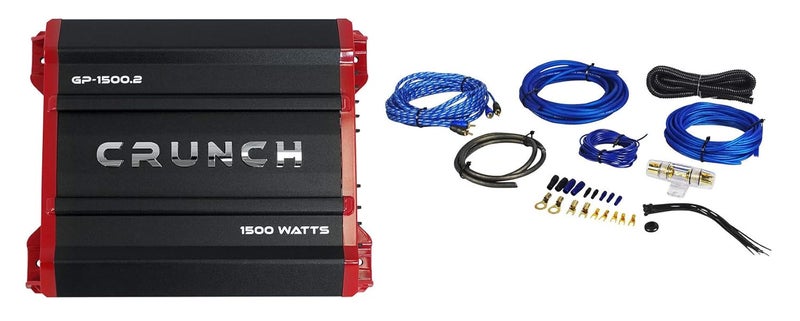 Crunch GP-1500.2 1500 Watt 2 Channel Car Audio Amplifier Stereo Amp Bridgeable Bundle with Rockville RWK82 8 Gauge 4 Chan Car Amp Wiring Installation Wire Kit (2) RCA's - Image 1