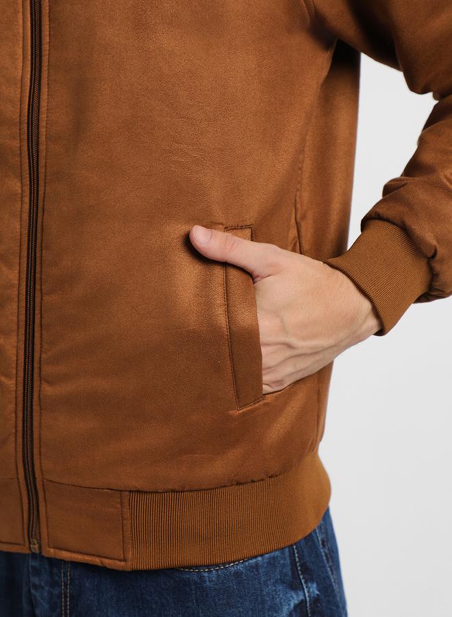 Dennis Lingo Tan Regular Fit Men's Solid Rib Collar Full Sleeves Polyester Jacket with Zipper Closure  - Image 3