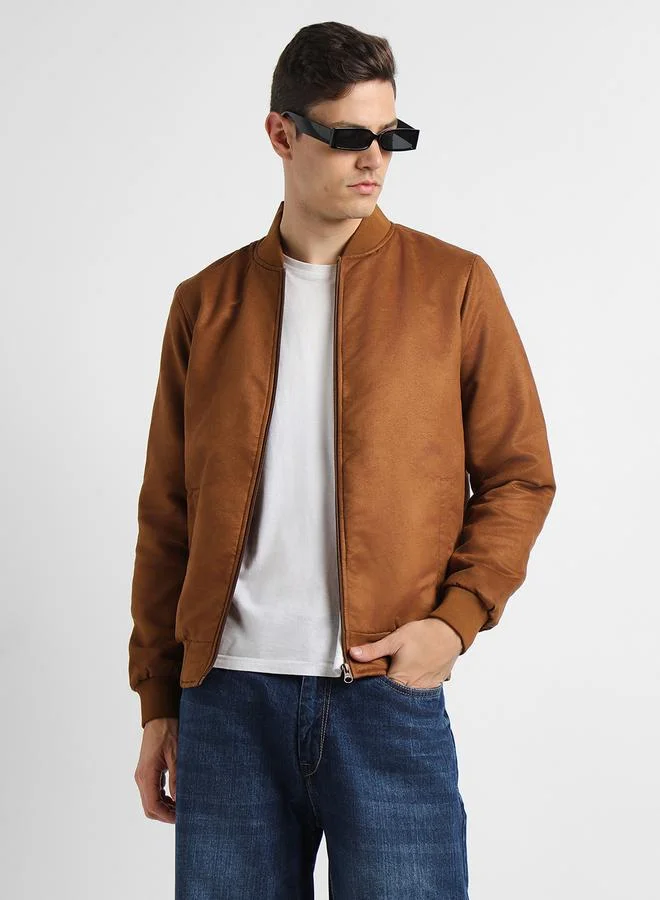 دينيس لينغو Tan Regular Fit Men's Solid Rib Collar Full Sleeves Polyester Jacket with Zipper Closure