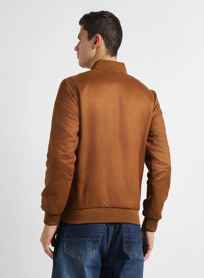دينيس لينغو Tan Regular Fit Men's Solid Rib Collar Full Sleeves Polyester Jacket with Zipper Closure