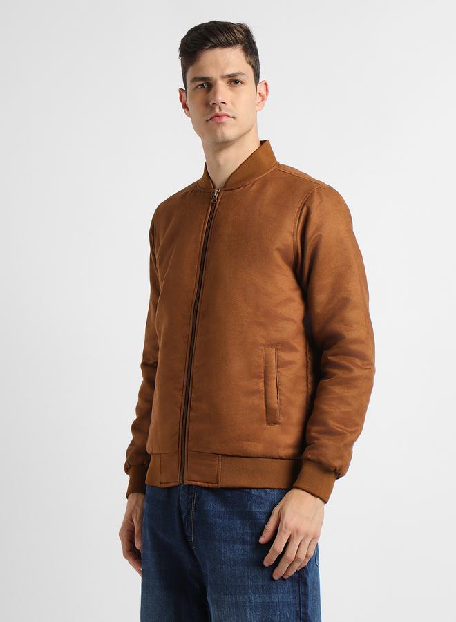 Dennis Lingo Tan Regular Fit Men's Solid Rib Collar Full Sleeves Polyester Jacket with Zipper Closure  - Image 5