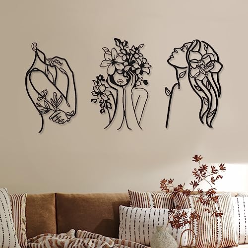 Photect 3 قطع ديكور فني معدني للجدران تصميم تجريدي بسيط لامرأة رسم خط معدني حديث للتعليق في المنزل للغرفة النوم المطبخ الحمام غرفة المعيشة أنيق