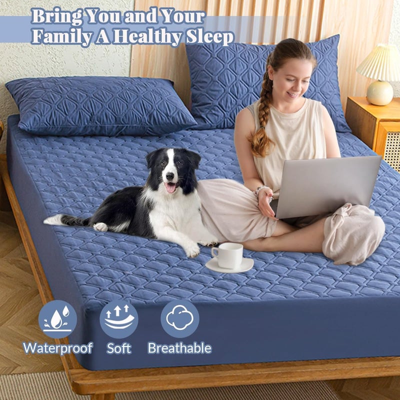 Highdi Waterproof Double Mattress Protector, 150 x 200 cm, Blue Fitted Sheet in Cotton and Microfibre Protection, Mattress Protector, Breathable, All Around Elastic - Image 2