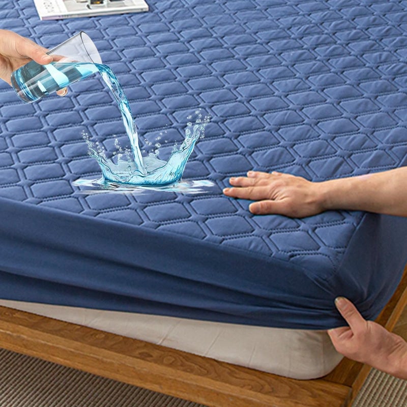 Highdi Waterproof Double Mattress Protector, 150 x 200 cm, Blue Fitted Sheet in Cotton and Microfibre Protection, Mattress Protector, Breathable, All Around Elastic - Image 1
