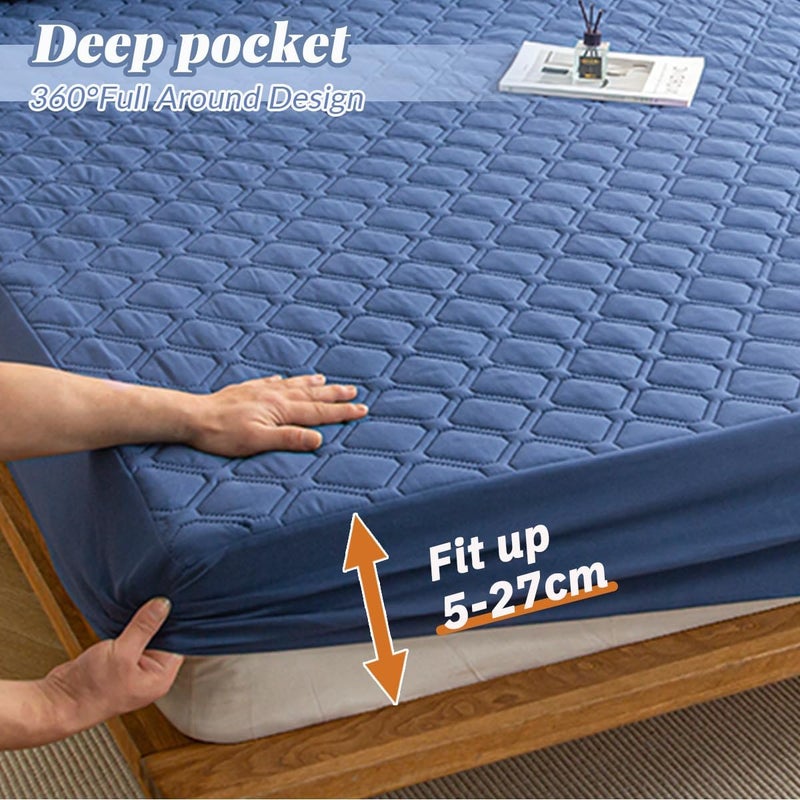 Highdi Waterproof Double Mattress Protector, 150 x 200 cm, Blue Fitted Sheet in Cotton and Microfibre Protection, Mattress Protector, Breathable, All Around Elastic - Image 4