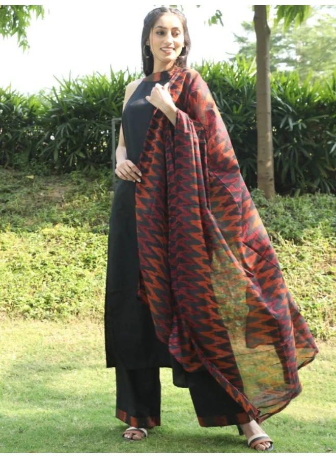 AKS Black Ikat Print Kurta Set With Red Dupatta