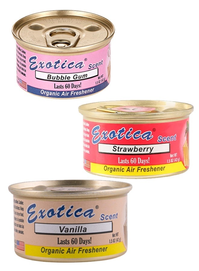EXOTICA Organic Air Freshener Value Pack 3 pcs, Strawberry, Bubble Gum and Vanilla scents
