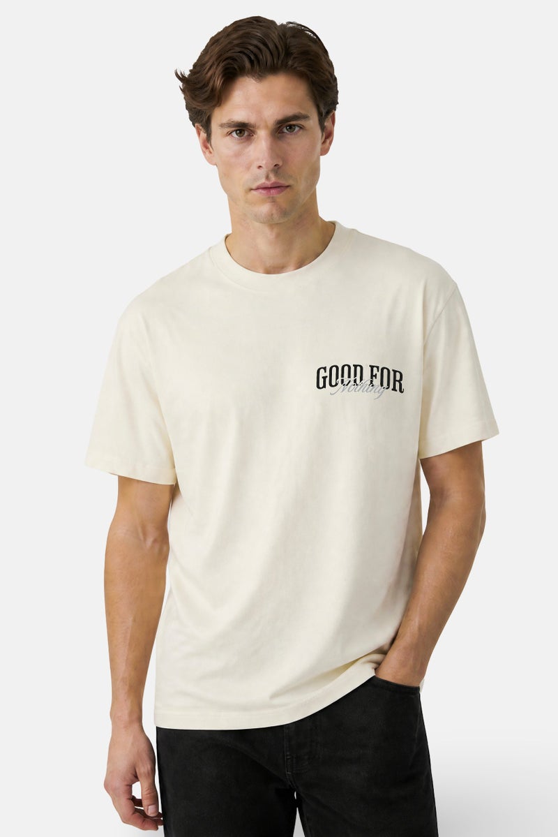 GOOD FOR NOTHING Men Crew Neck Short Sleeve Brand Logo T-Shirt, Cream - Image 1