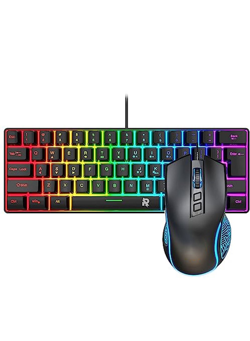 Wired Gaming Keyboard and Mouse Combo Include Mini 60% Merchanical Feel Keyboard Ergonomic Design Black - Image 1