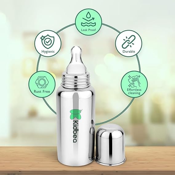Kidbea® Stainless Steel Infant Baby Feeding Bottle, BPA Free, Anti-Colic, Medium-Flow, 250 ML, Pack of 2 - Image 4