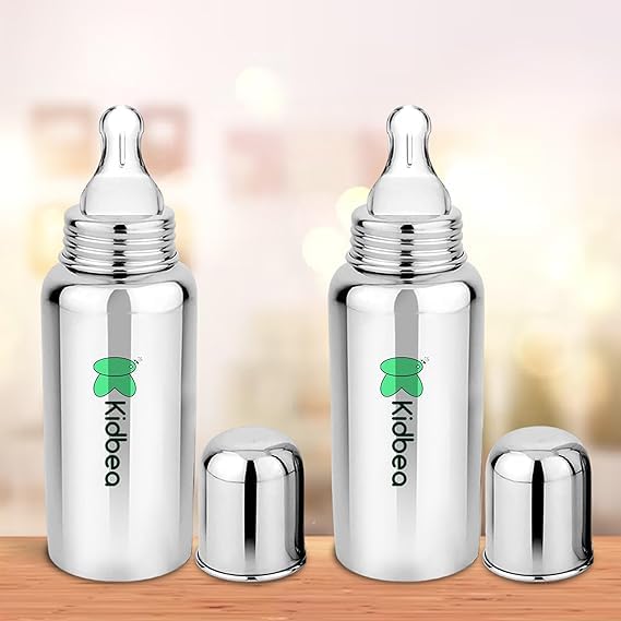 Kidbea® Stainless Steel Infant Baby Feeding Bottle, BPA Free, Anti-Colic, Medium-Flow, 250 ML, Pack of 2 - Image 1