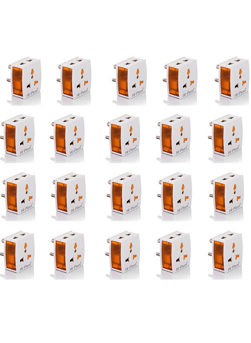 HI PLASST PINS N PLUGS HiPlasst Pack of 20 Universal 3Pin Multi Plug with Type D Socket 2X 2Pin 1x 3Pin Outlets USUKEU to India Travel Converter Plug 6A for International Devices White Orange  - Image 1