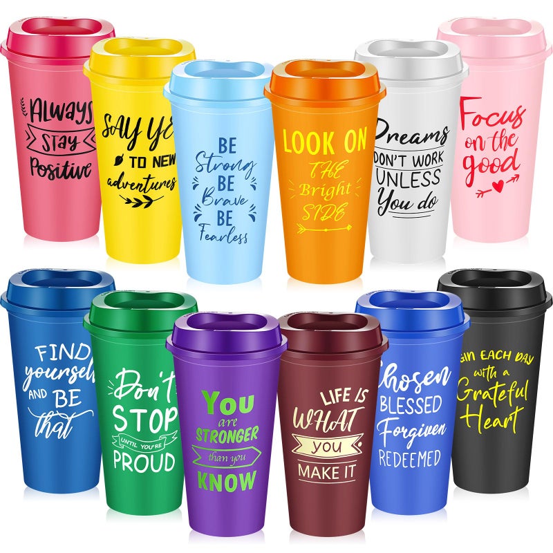 FillTouch 12 Pcs 16 oz Reusable Plastic Coffee Cups with Lids and Positive Sayings Bulk Inspirational Gifts for Women Men Employee Coworker Staff Team Volunteer Hot or Cold Drinks Bright Color