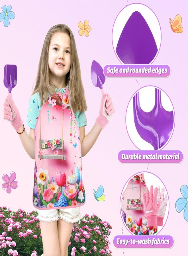 Acostop Kids Gardening Tool Set - Garden Tools for Kids with Shovel Trowel Rake Apron Gloves Watering Can and Tote Bag, Outdoor Toys Great Gifts for 3 4 5 6 7 8+ Years Old Girls (Flower Style) - Image 4