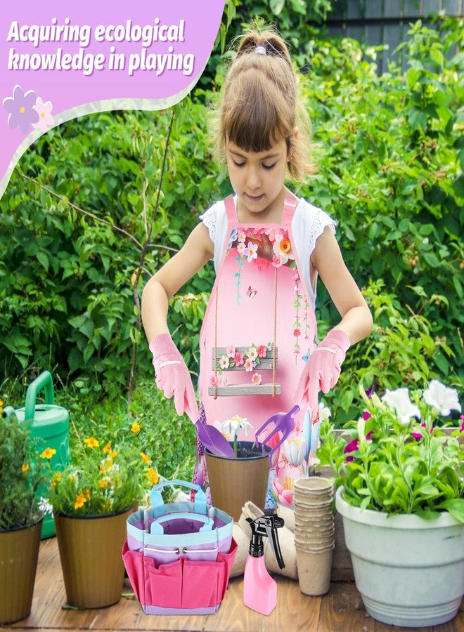 Acostop Kids Gardening Tool Set - Garden Tools for Kids with Shovel Trowel Rake Apron Gloves Watering Can and Tote Bag, Outdoor Toys Great Gifts for 3 4 5 6 7 8+ Years Old Girls (Flower Style) - Image 2