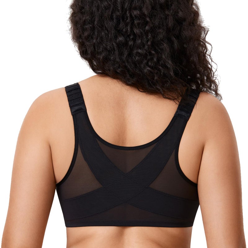 DELIMIRA Women's Front Closure Bras Posture Full Coverage Plus Size Underwire Unlined Back Support Plunge Seamless Bra B-H Cups Black 38D - Image 2
