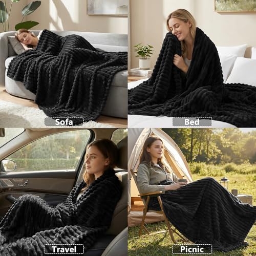 HIMEET Black Ribbed King Size Blanket for Bed - 300GSM Lightweight Fleece Blanket for Men Women, Large Cozy Sofa Couch Bed Blankets Gifts, Striped Spring Home Room Decor, Black, 108x90 Inches - Image 5