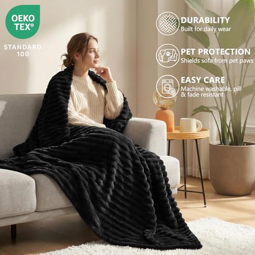 HIMEET Black Ribbed King Size Blanket for Bed - 300GSM Lightweight Fleece Blanket for Men Women, Large Cozy Sofa Couch Bed Blankets Gifts, Striped Spring Home Room Decor, Black, 108x90 Inches - Image 3