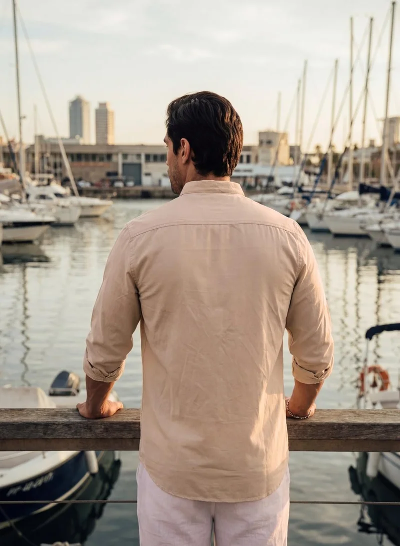 Dennis Lingo  Men Oatmeal Cotton Solid Print Button Down Regular Fit Shirt for Men | Best Price UAE