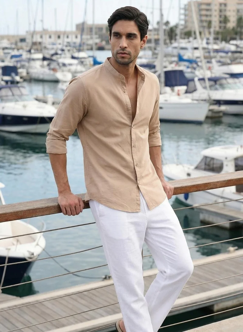 Dennis Lingo  Men Oatmeal Cotton Solid Print Button Down Regular Fit Shirt for Men | Best Price UAE