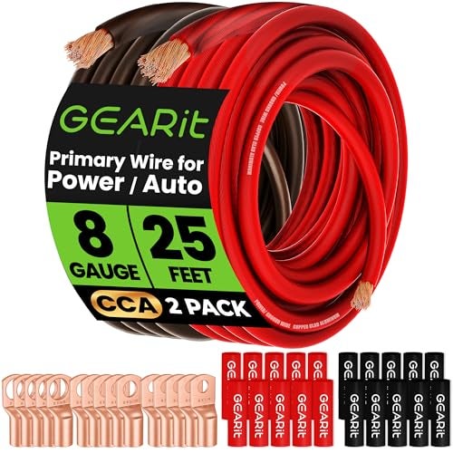 GEARit، سلك 8 قياس، 15 لقم، 20 غلاف انكماش حراري، للسيارات، كابل البطارية، مجموعة أمبير، أمبير، سلك CCA، سلك، مجموعة أسلاك أمبير، كابلات البطارية، مجموعة أسلاك أمبير، (25 قدم لكل منها - أسود/أحمر) - Image 1