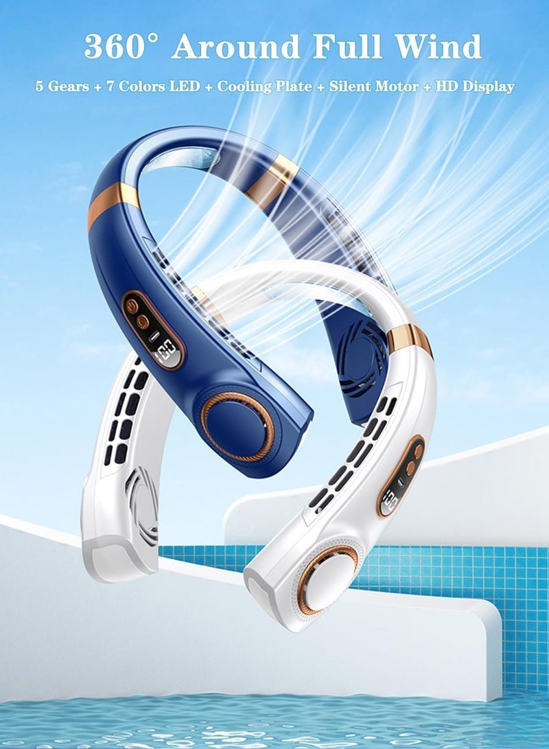 general LED light Neck Fan Air Conditioner with Cooling Plates, 5 Speeds Blow Cold Air Adjustable, Portable 4000 mAh Battery USB Rechargeable Personal Fan for Women, Camping Travel, Outdoor, White - Image 3