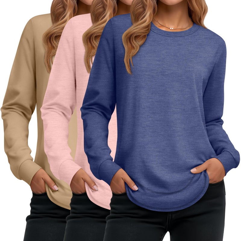 Ficerd 3 Pack Women's Long Sleeve Shirts, Cotton Crew Neck Tunic Tops Casual Loose Fit Pullover Sweatshirts Curved Hem Shirts(Khaki, Light Pink, Blue Purple,Medium) - Image 1