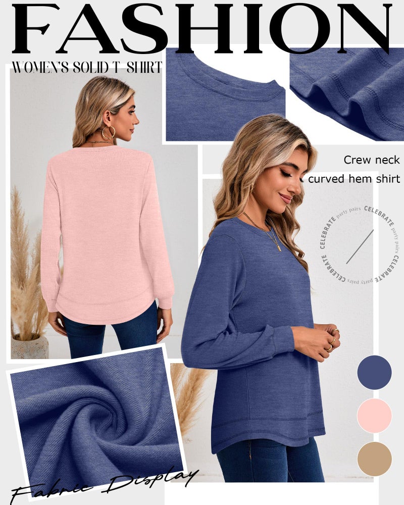 Ficerd 3 Pack Women's Long Sleeve Shirts, Cotton Crew Neck Tunic Tops Casual Loose Fit Pullover Sweatshirts Curved Hem Shirts(Khaki, Light Pink, Blue Purple,Medium) - Image 4