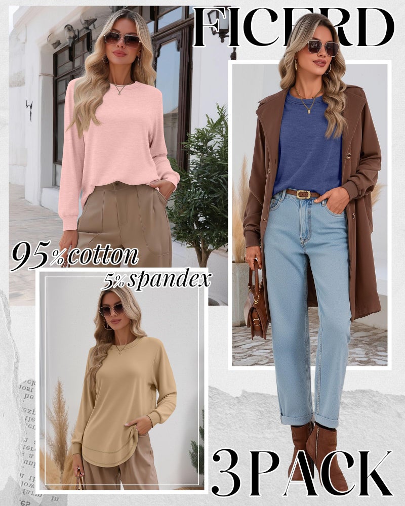 Ficerd 3 Pack Women's Long Sleeve Shirts, Cotton Crew Neck Tunic Tops Casual Loose Fit Pullover Sweatshirts Curved Hem Shirts(Khaki, Light Pink, Blue Purple,Medium) - Image 2