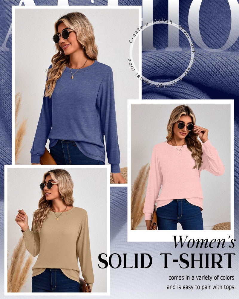 Ficerd 3 Pack Women's Long Sleeve Shirts, Cotton Crew Neck Tunic Tops Casual Loose Fit Pullover Sweatshirts Curved Hem Shirts(Khaki, Light Pink, Blue Purple,Medium) - Image 5