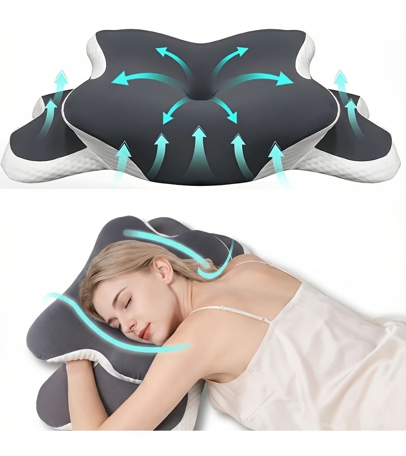 Ergonomic C Shaped Butterfly Neck Pillow Dark Gray 60x40x12 cm Adjustable Height Clear Cover Zipper Closure for Side Back Stomach Sleepers Travel Bed Use Spinal Support - Image 1
