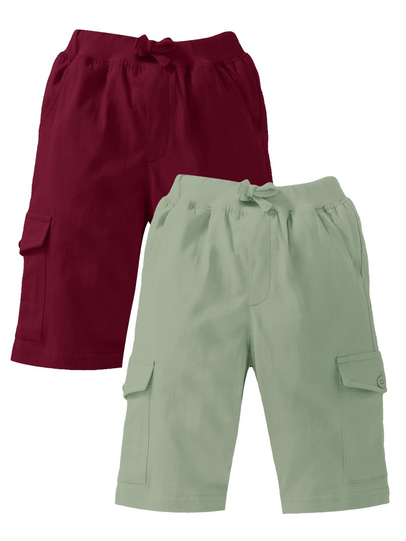 KiddoPanti Boys Knit Solid Cargo Shorts Pack of 2 | 100% Cotton | Comfortable Rib Waistband | 2 Front Pockets & 2 Cargo Pockets | Sport Bermuda Half Pant for Boys, Wine & Steel Grey - 12-14Y - Image 1
