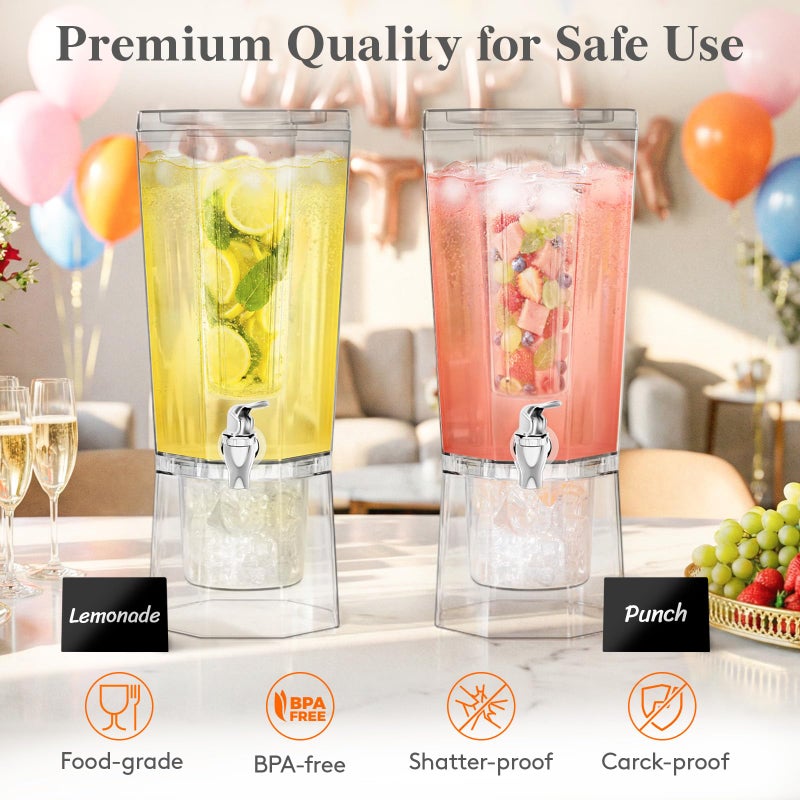 Lifewit 1 Gallon Drink Dispenser for Parties 2 Pcs, Plastic Beverage Container for Juice/Tea/Soda with Stand & Ice Core, Clear Lemonade Dispenser with Spigot, BPA Free Water Pitcher 39 x 16 cm/15x6" - Image 3