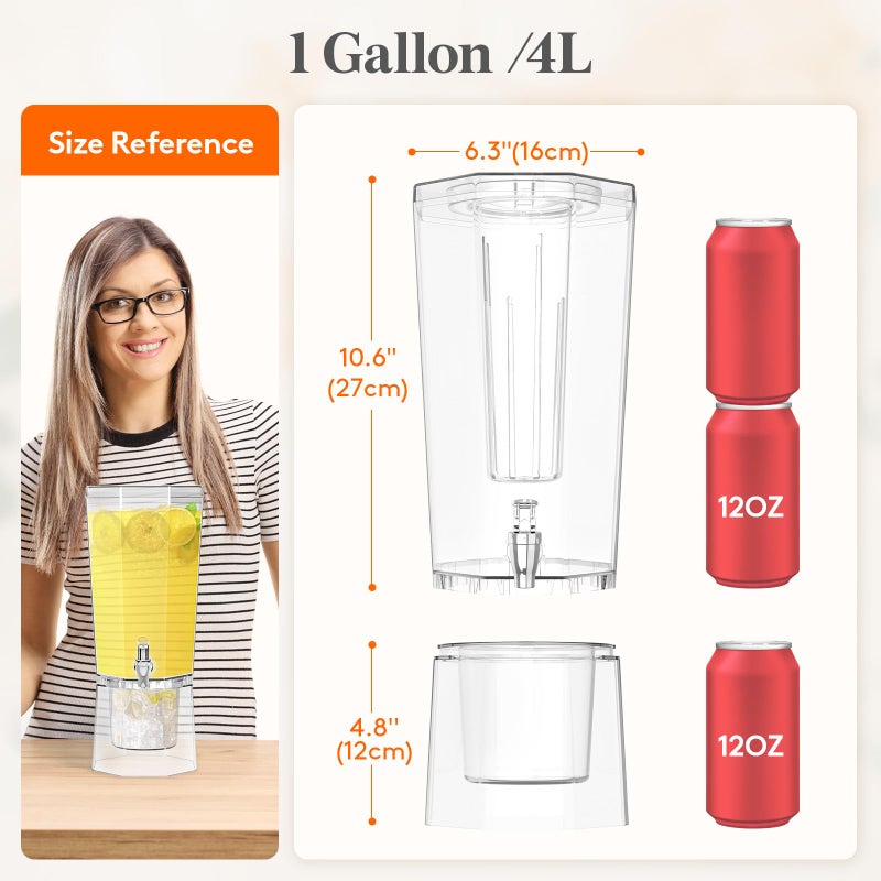 Lifewit 1 Gallon Drink Dispenser for Parties 2 Pcs, Plastic Beverage Container for Juice/Tea/Soda with Stand & Ice Core, Clear Lemonade Dispenser with Spigot, BPA Free Water Pitcher 39 x 16 cm/15x6" - Image 2